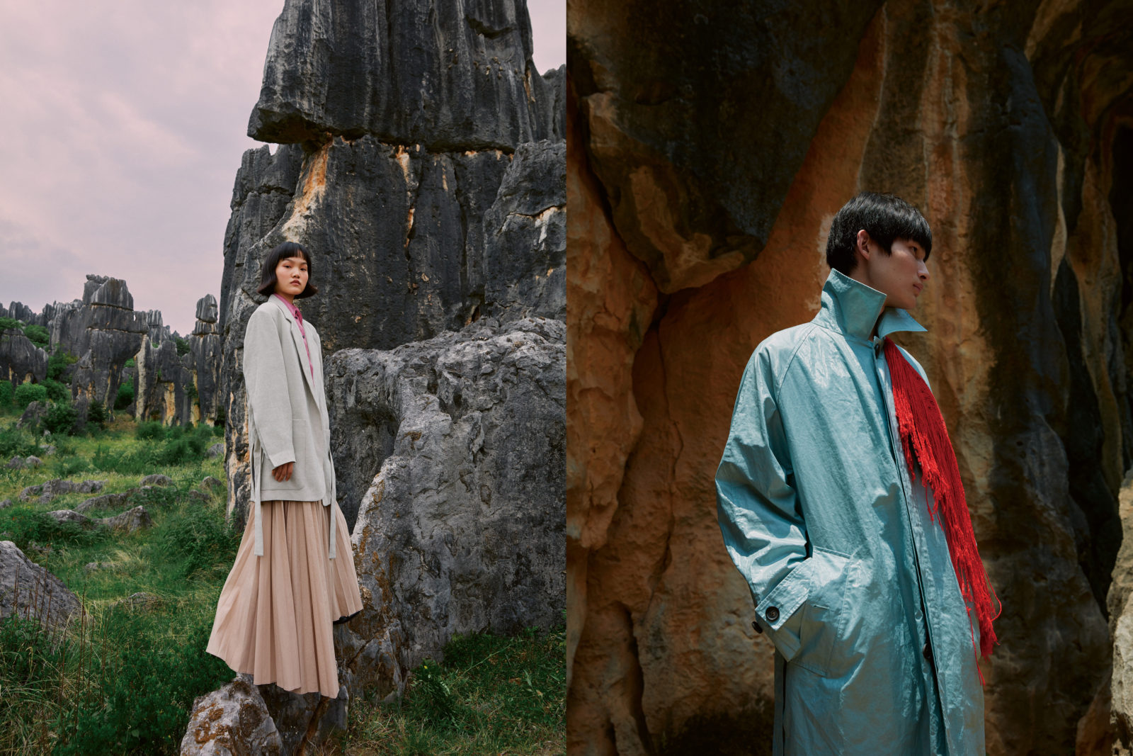 （女性）Blue Erdosのジャケット、Tommy Zhongのシャツ、Brunello Cucinelliのスカート （男性）Acne Studiosのトレンチコート